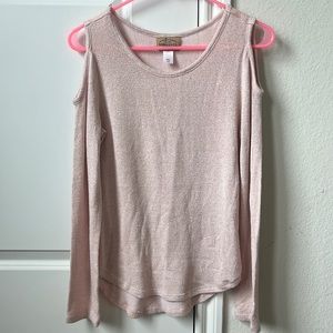 Sparkly pink long sleeve knit with open shoulders